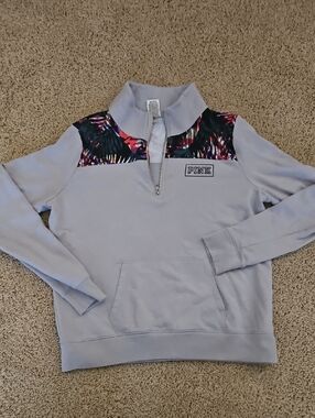PINK Gray Quarter-Zip Pullover with Colorful Tropical Trim